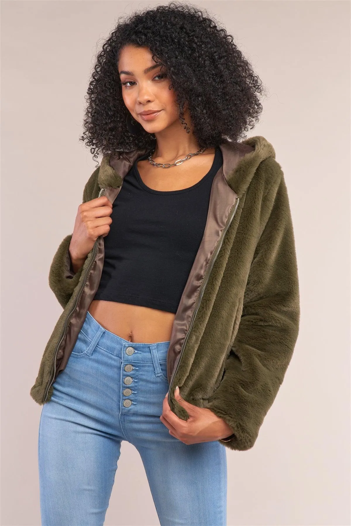 Olive Soft Faux Fur Hooded Zip-Up Jacket /2-2-2