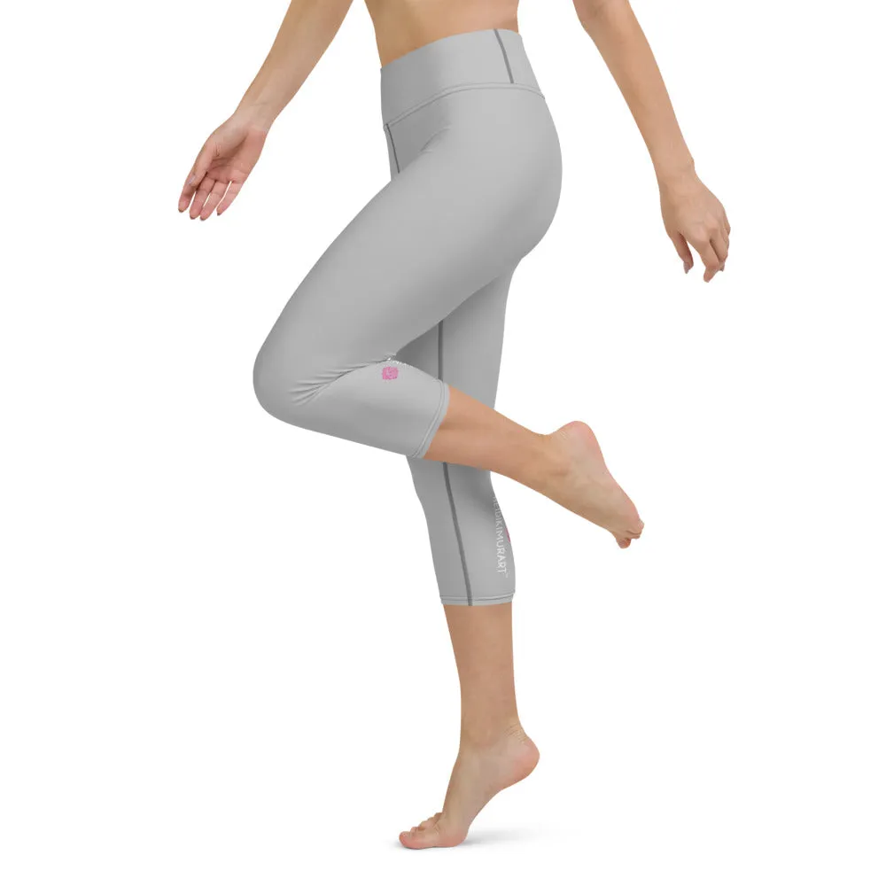 Pale Grey Yoga Capri Leggings, Solid Pastel Grey Color Women's Tights-Made in USA/EU/MX