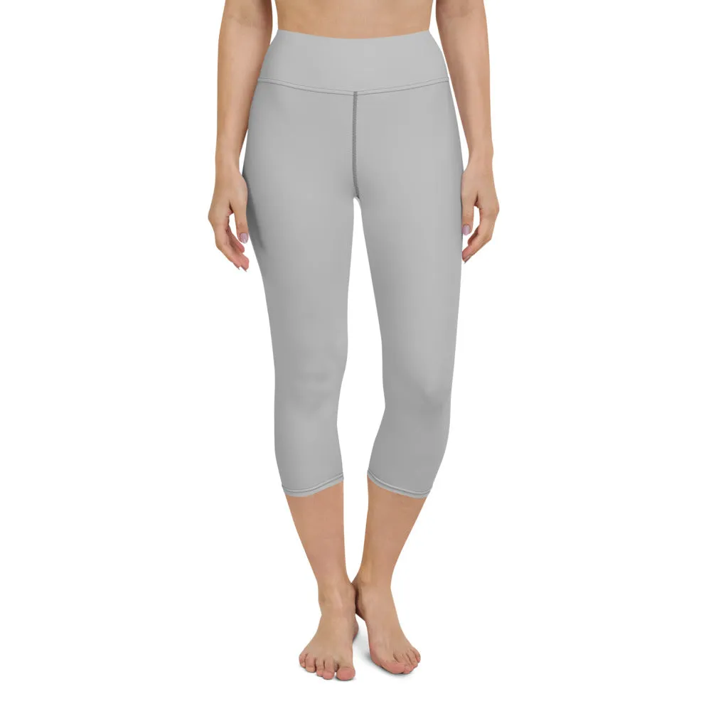 Pale Grey Yoga Capri Leggings, Solid Pastel Grey Color Women's Tights-Made in USA/EU/MX