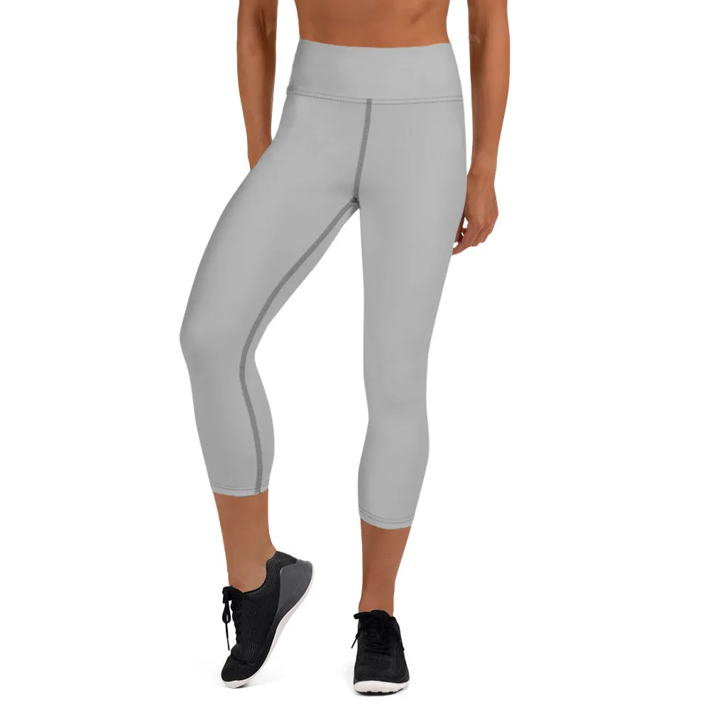 Pale Grey Yoga Capri Leggings, Solid Pastel Grey Color Women's Tights-Made in USA/EU/MX