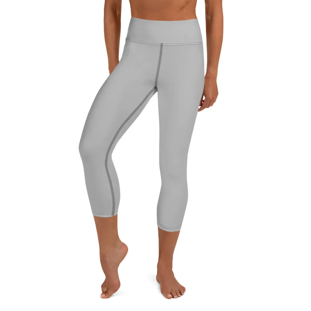 Pale Grey Yoga Capri Leggings, Solid Pastel Grey Color Women's Tights-Made in USA/EU/MX