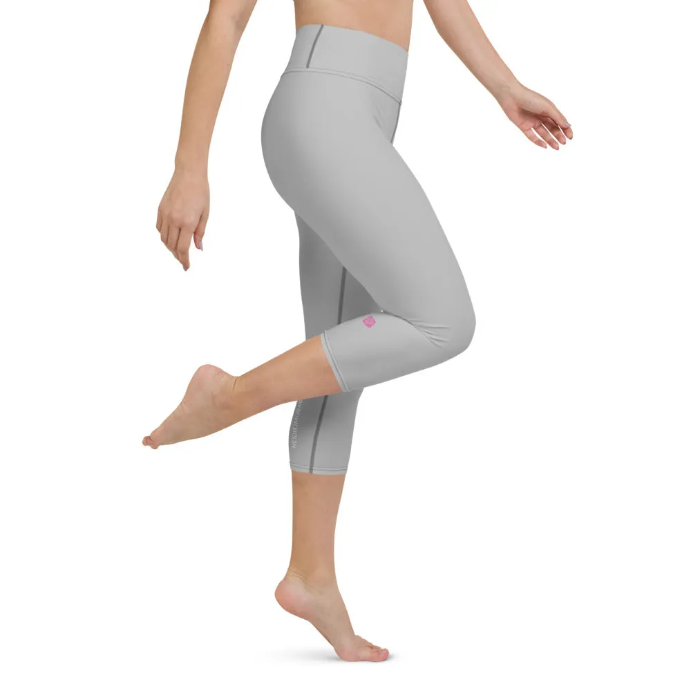 Pale Grey Yoga Capri Leggings, Solid Pastel Grey Color Women's Tights-Made in USA/EU/MX