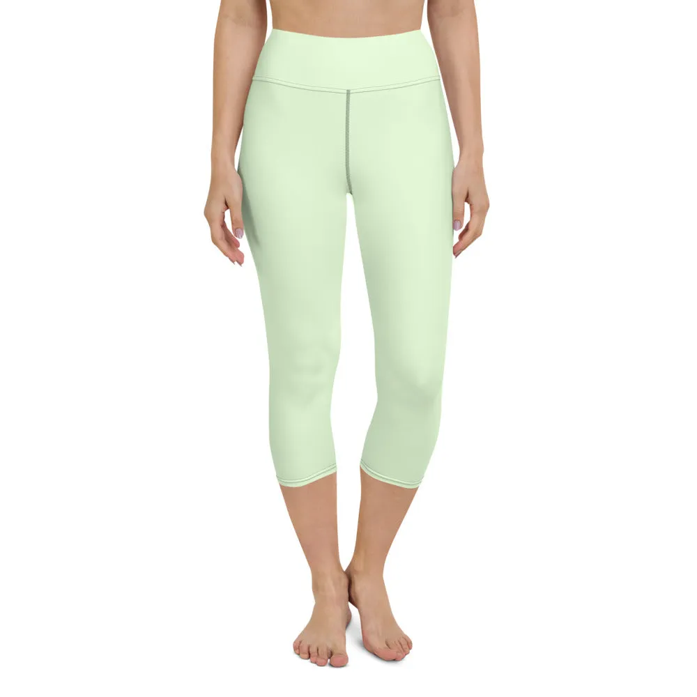 Pastel Green Yoga Capri Leggings, Solid Pale Green Color Women's Tights-Made in USA/EU/MX