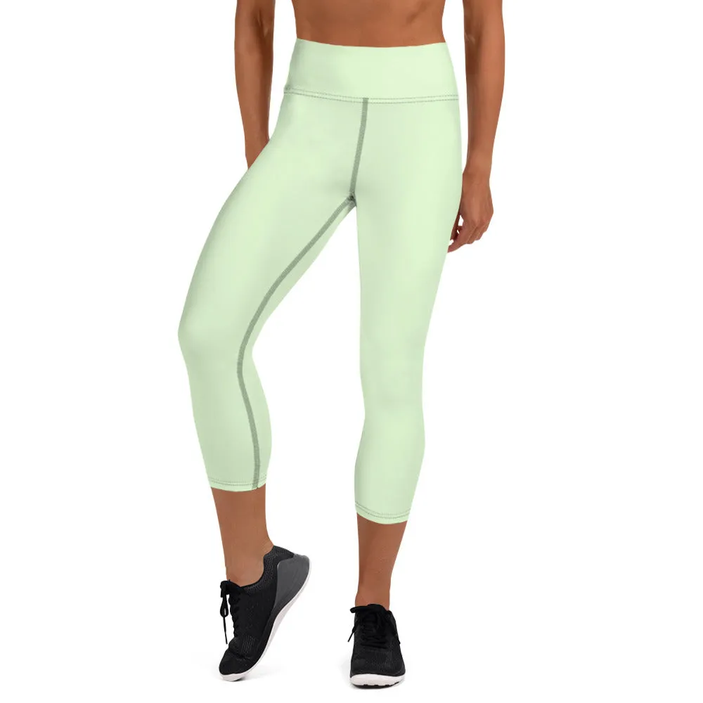 Pastel Green Yoga Capri Leggings, Solid Pale Green Color Women's Tights-Made in USA/EU/MX