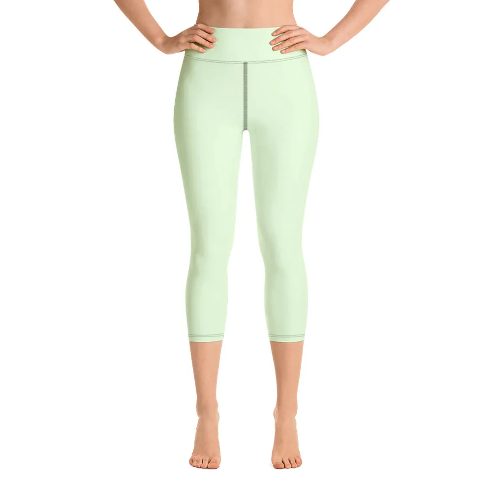 Pastel Green Yoga Capri Leggings, Solid Pale Green Color Women's Tights-Made in USA/EU/MX