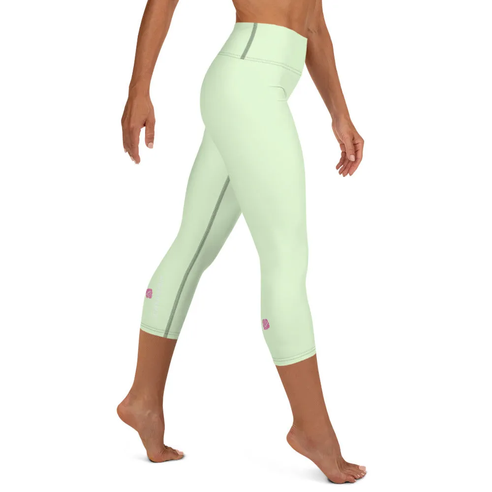 Pastel Green Yoga Capri Leggings, Solid Pale Green Color Women's Tights-Made in USA/EU/MX