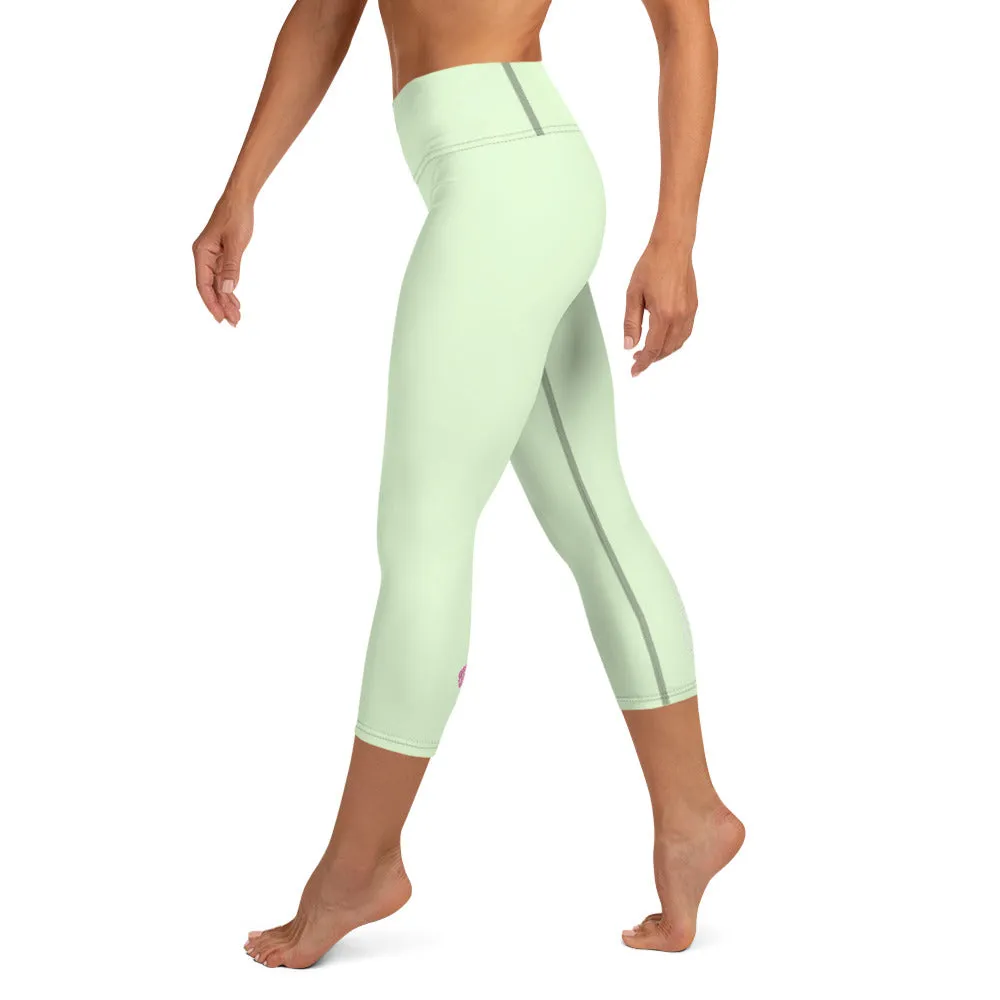 Pastel Green Yoga Capri Leggings, Solid Pale Green Color Women's Tights-Made in USA/EU/MX