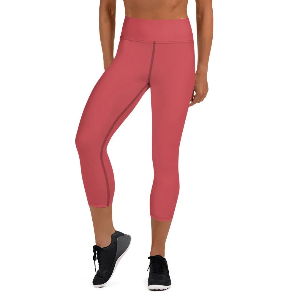 Peach Pink Yoga Capri Leggings, Solid Pink Color Women's Gym Workout Designer Tights - Made in USA/EU