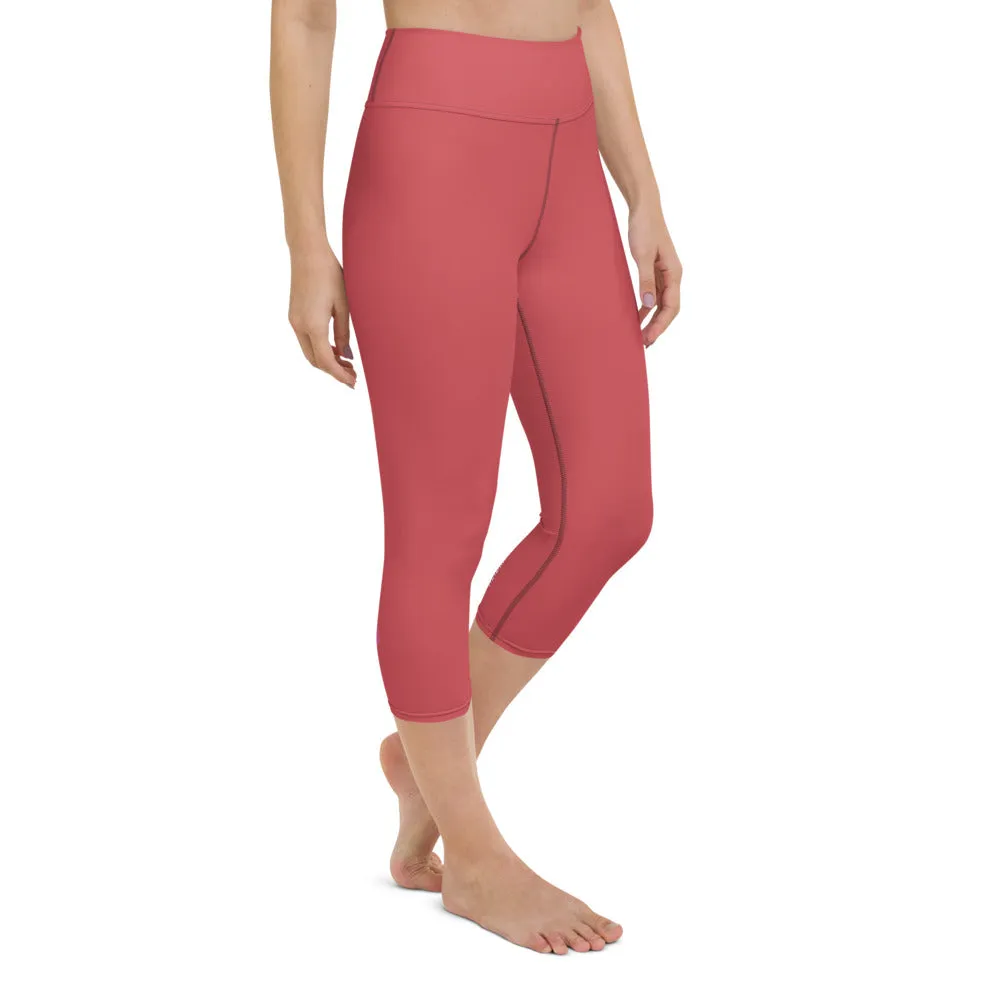 Peach Pink Yoga Capri Leggings, Solid Pink Color Women's Gym Workout Designer Tights - Made in USA/EU