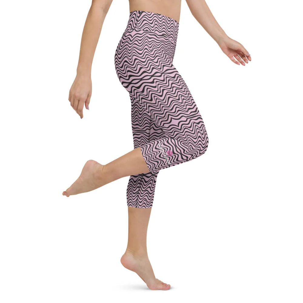 Pink Wavy Yoga Capri Leggings, Abstract Waves Women's Capris Tights-Made in USA/EU/MX