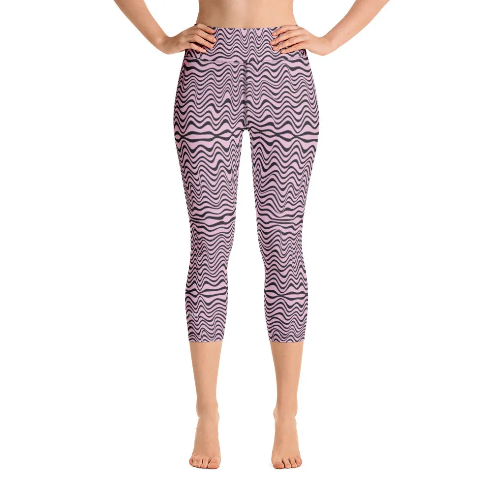 Pink Wavy Yoga Capri Leggings, Abstract Waves Women's Capris Tights-Made in USA/EU/MX