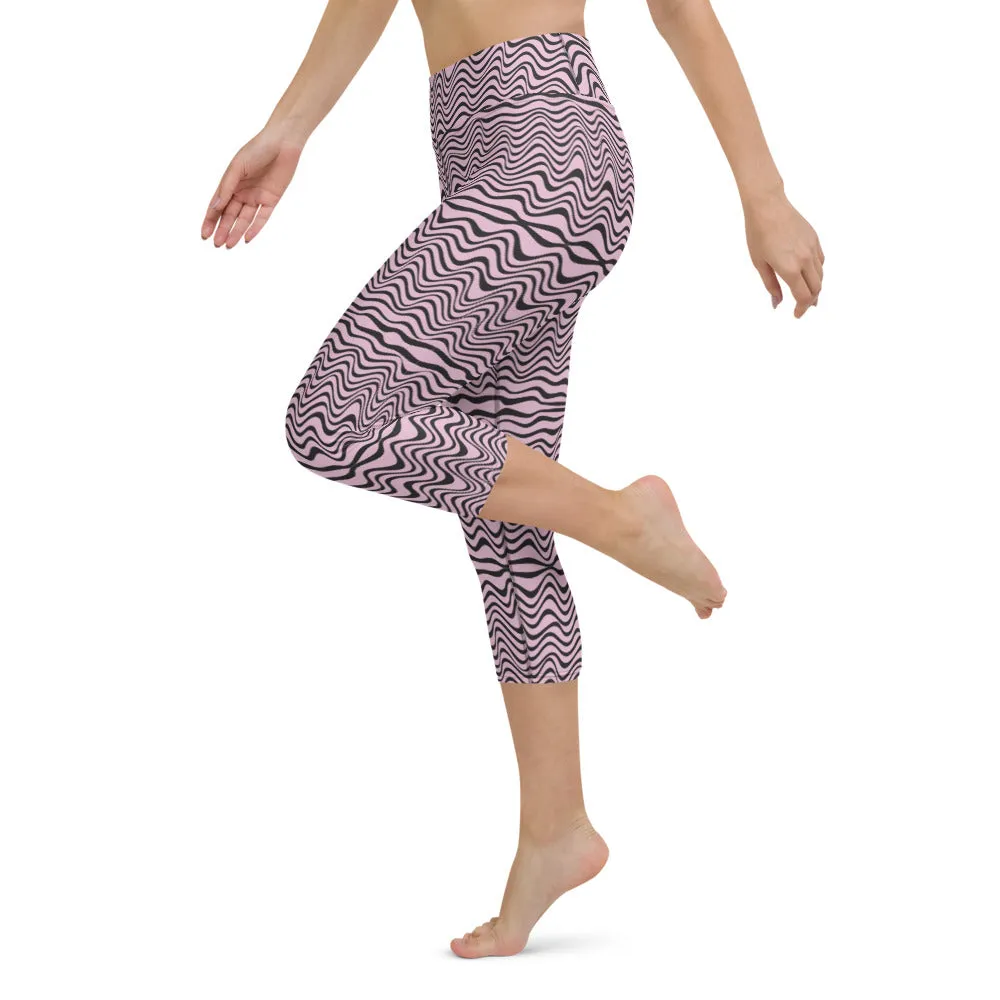 Pink Wavy Yoga Capri Leggings, Abstract Waves Women's Capris Tights-Made in USA/EU/MX