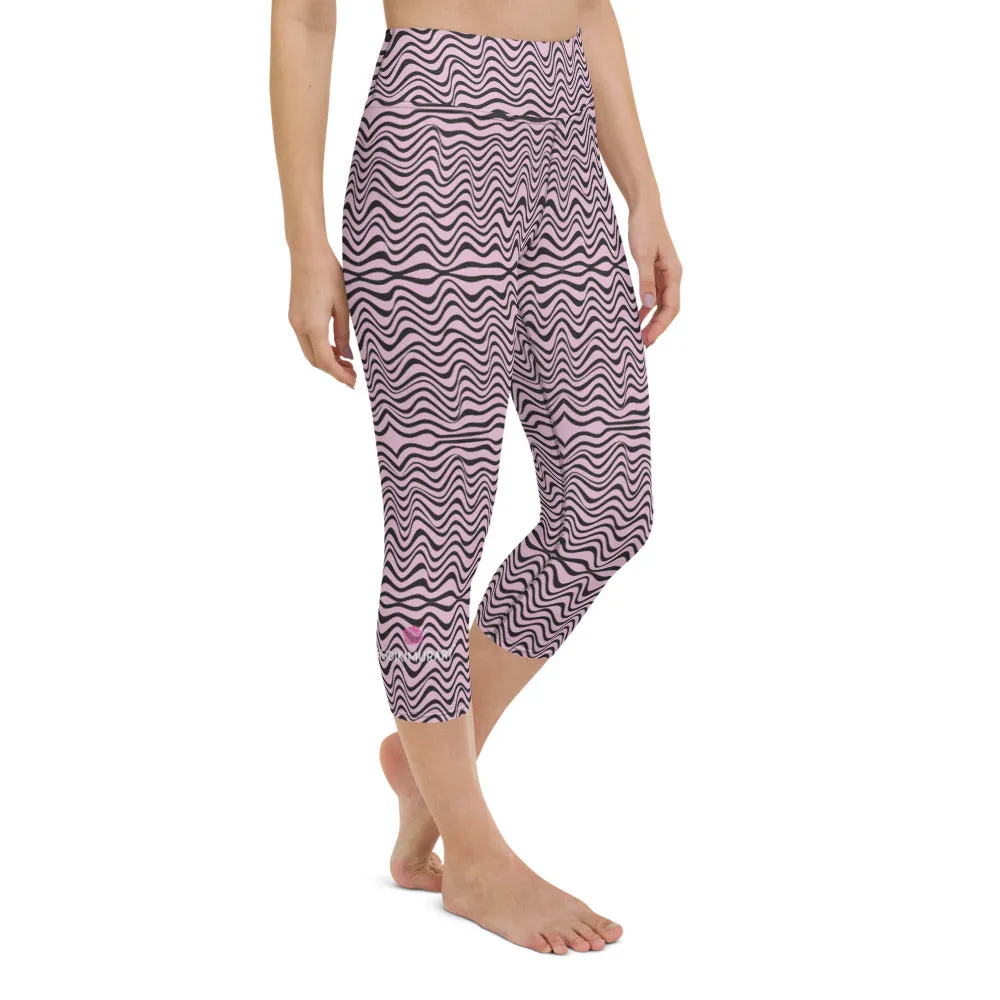 Pink Wavy Yoga Capri Leggings, Abstract Waves Women's Capris Tights-Made in USA/EU/MX