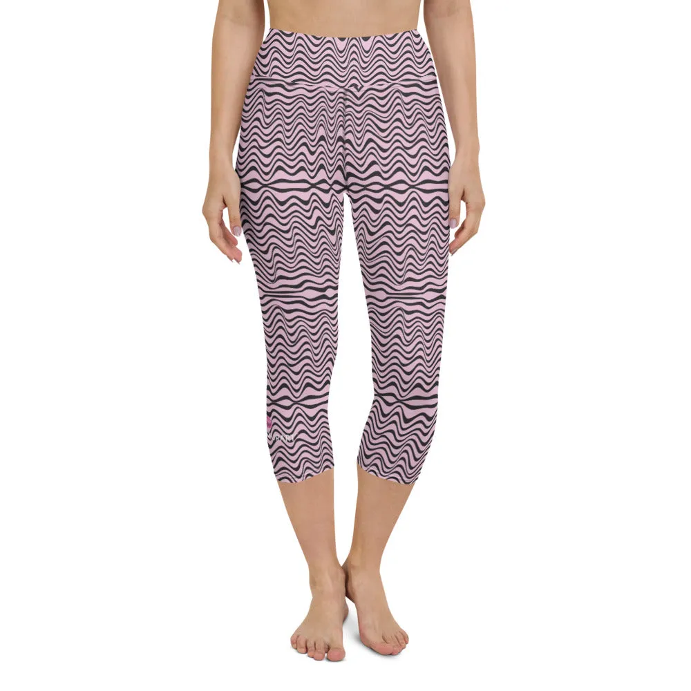 Pink Wavy Yoga Capri Leggings, Abstract Waves Women's Capris Tights-Made in USA/EU/MX