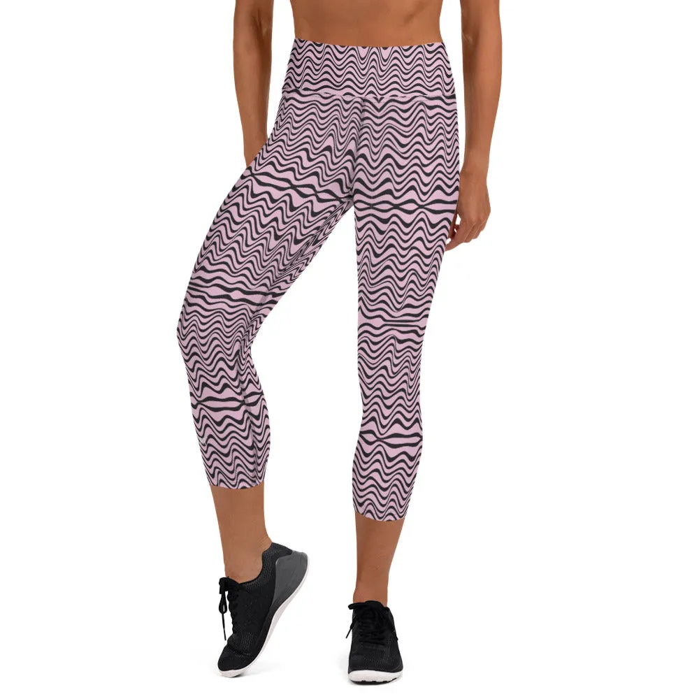 Pink Wavy Yoga Capri Leggings, Abstract Waves Women's Capris Tights-Made in USA/EU/MX