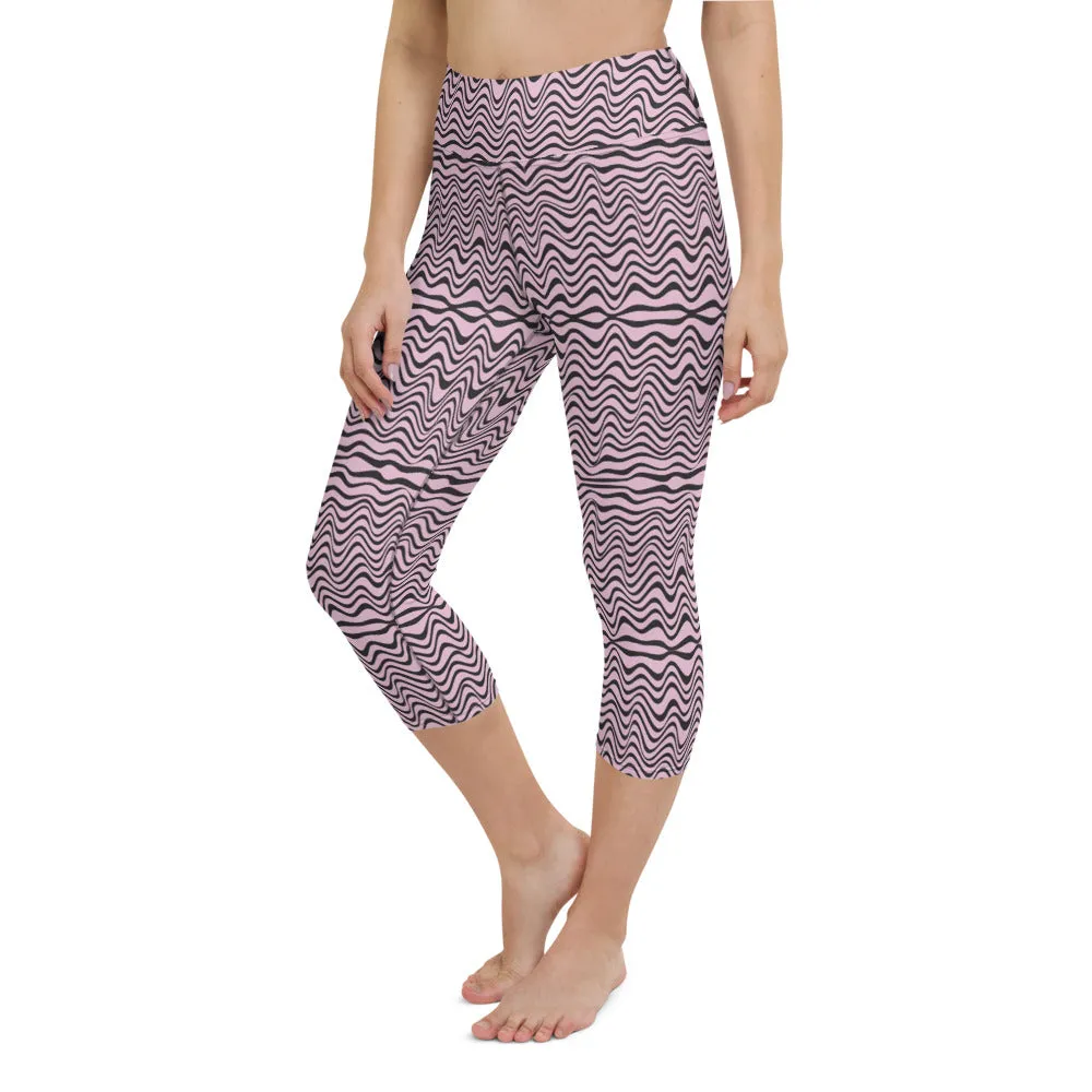 Pink Wavy Yoga Capri Leggings, Abstract Waves Women's Capris Tights-Made in USA/EU/MX