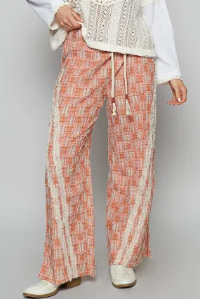 POL Lace Trim Drawstring Checkered Wide Leg Pants