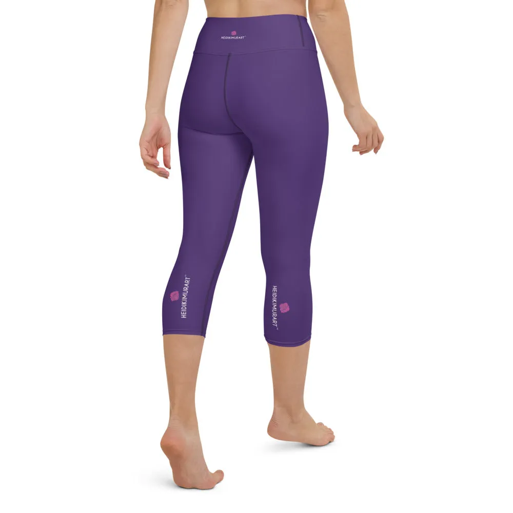 Purple Women's Yoga Capri Leggings, Solid Dark Purple Color Designer Capris Tights-Made in USA/EU/MX