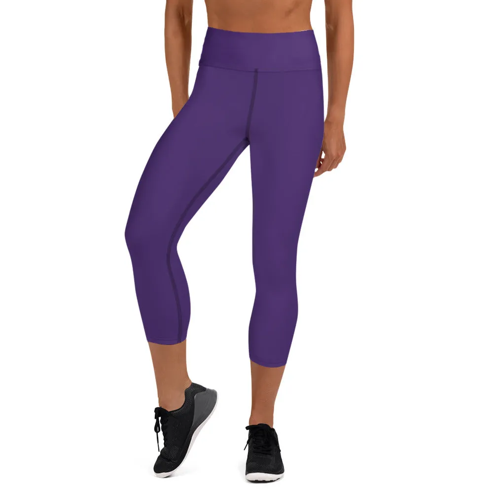 Purple Women's Yoga Capri Leggings, Solid Dark Purple Color Designer Capris Tights-Made in USA/EU/MX