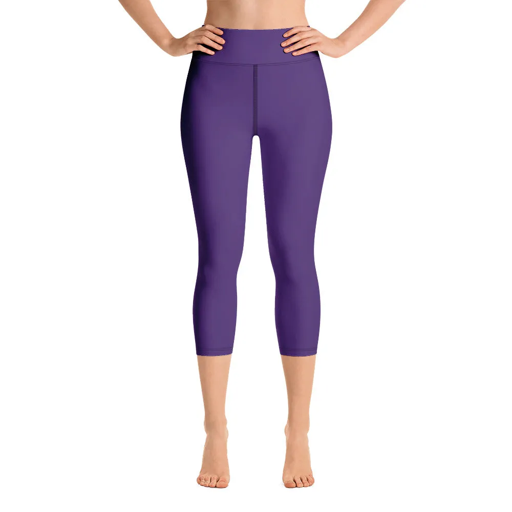 Purple Women's Yoga Capri Leggings, Solid Dark Purple Color Designer Capris Tights-Made in USA/EU/MX