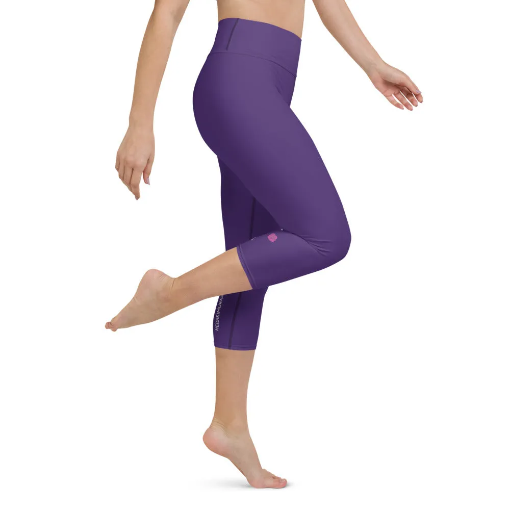 Purple Women's Yoga Capri Leggings, Solid Dark Purple Color Designer Capris Tights-Made in USA/EU/MX