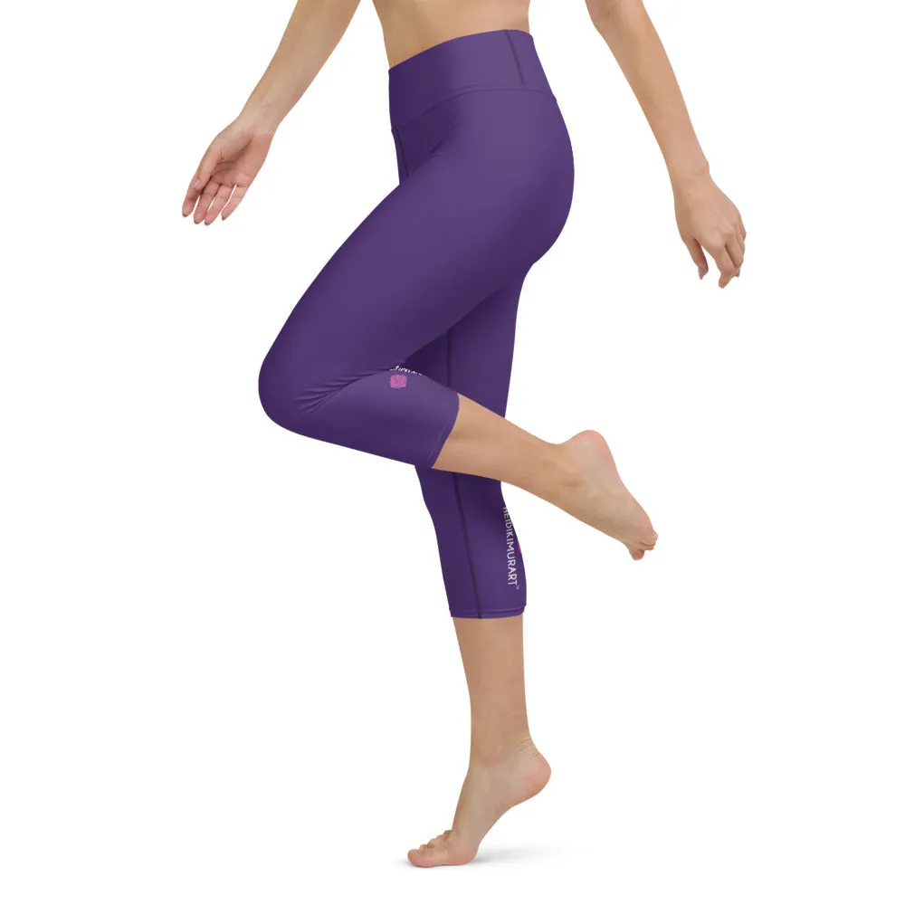 Purple Women's Yoga Capri Leggings, Solid Dark Purple Color Designer Capris Tights-Made in USA/EU/MX