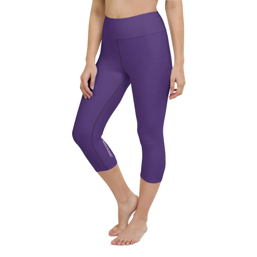 Purple Women's Yoga Capri Leggings, Solid Dark Purple Color Designer Capris Tights-Made in USA/EU/MX