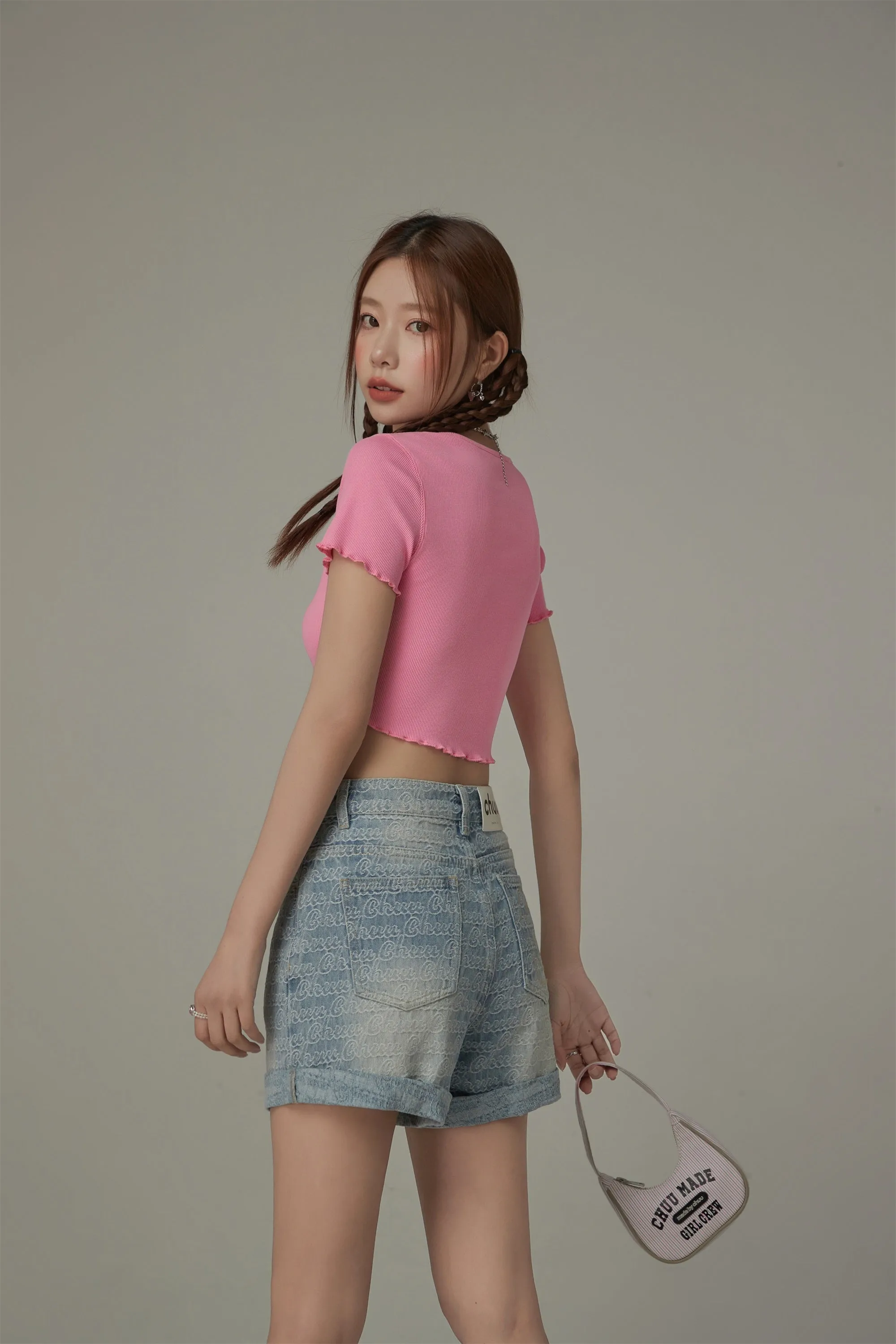 Rainbow Button Raw Hem Cropped T-Shirt