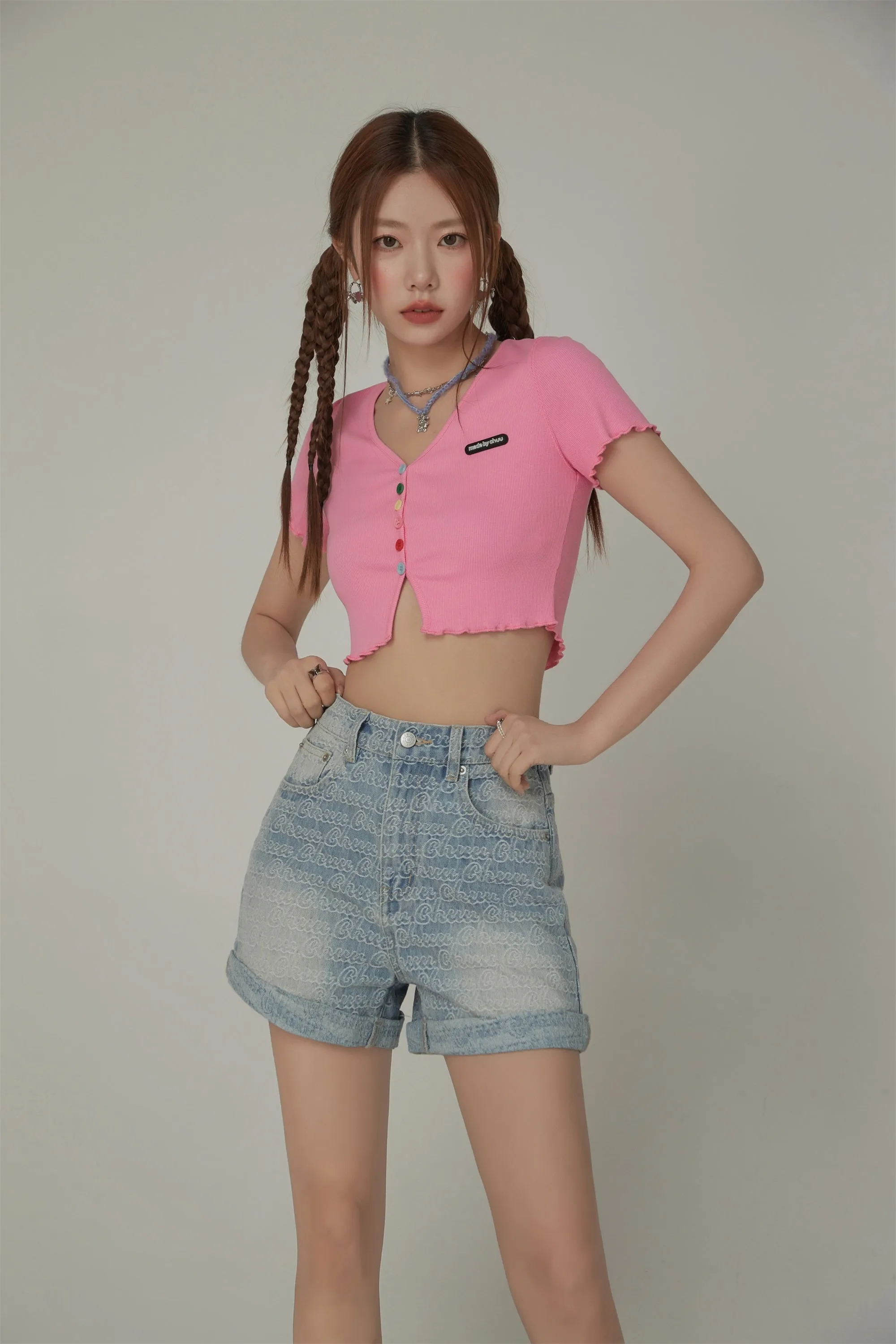 Rainbow Button Raw Hem Cropped T-Shirt