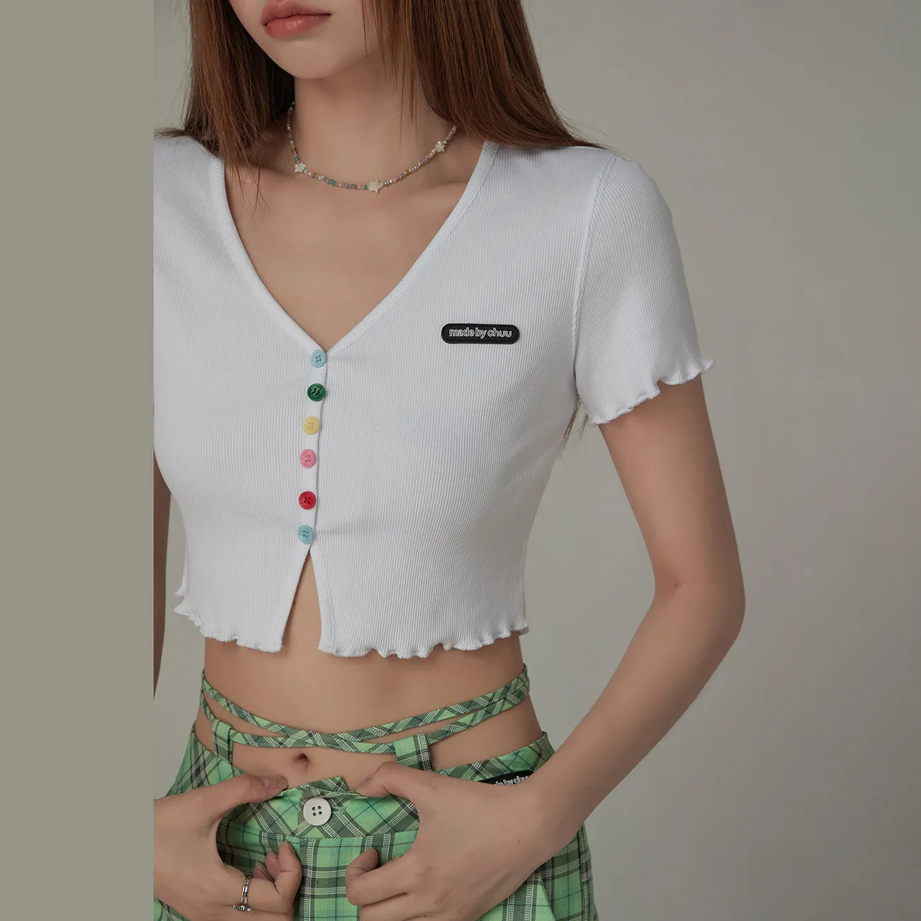 Rainbow Button Raw Hem Cropped T-Shirt