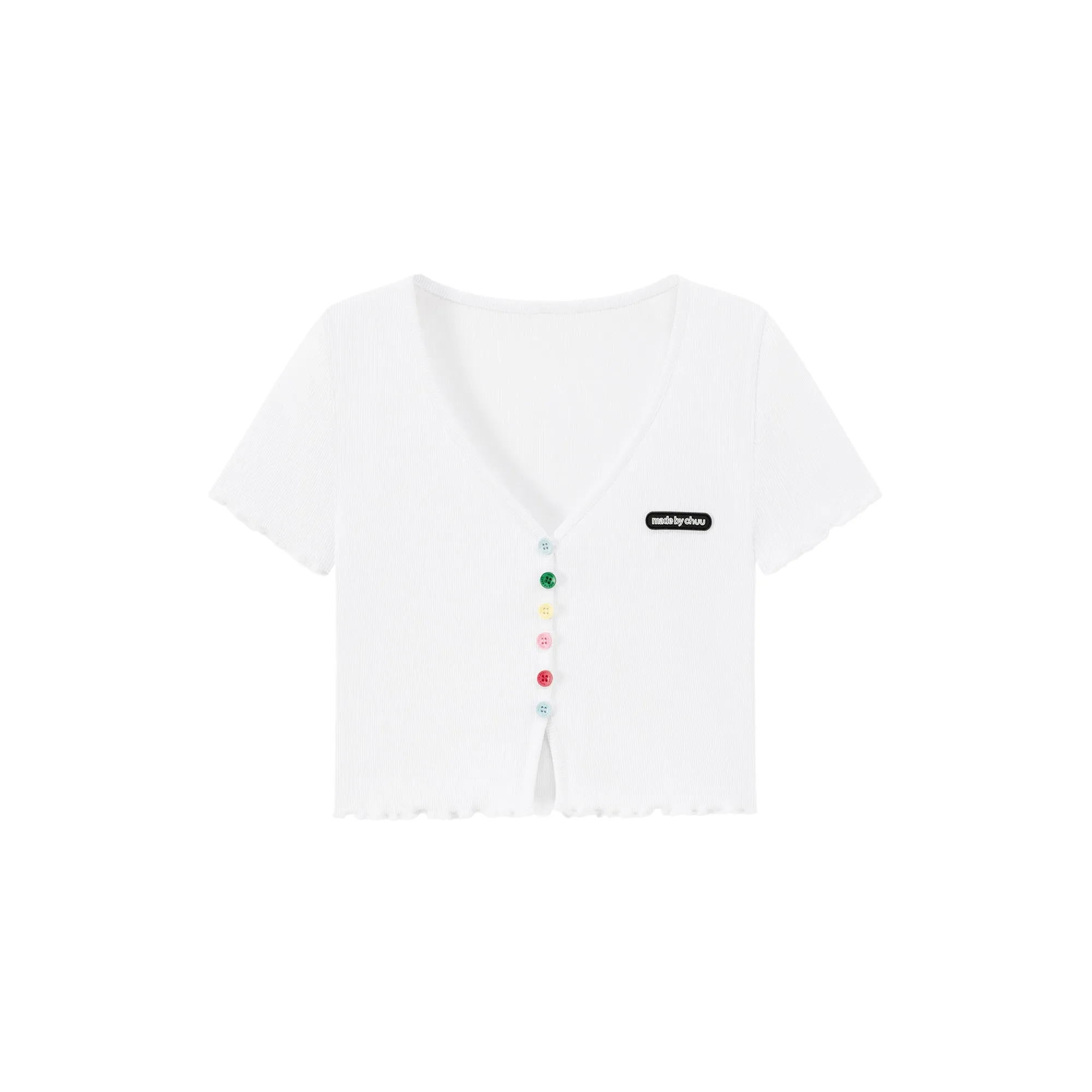 Rainbow Button Raw Hem Cropped T-Shirt