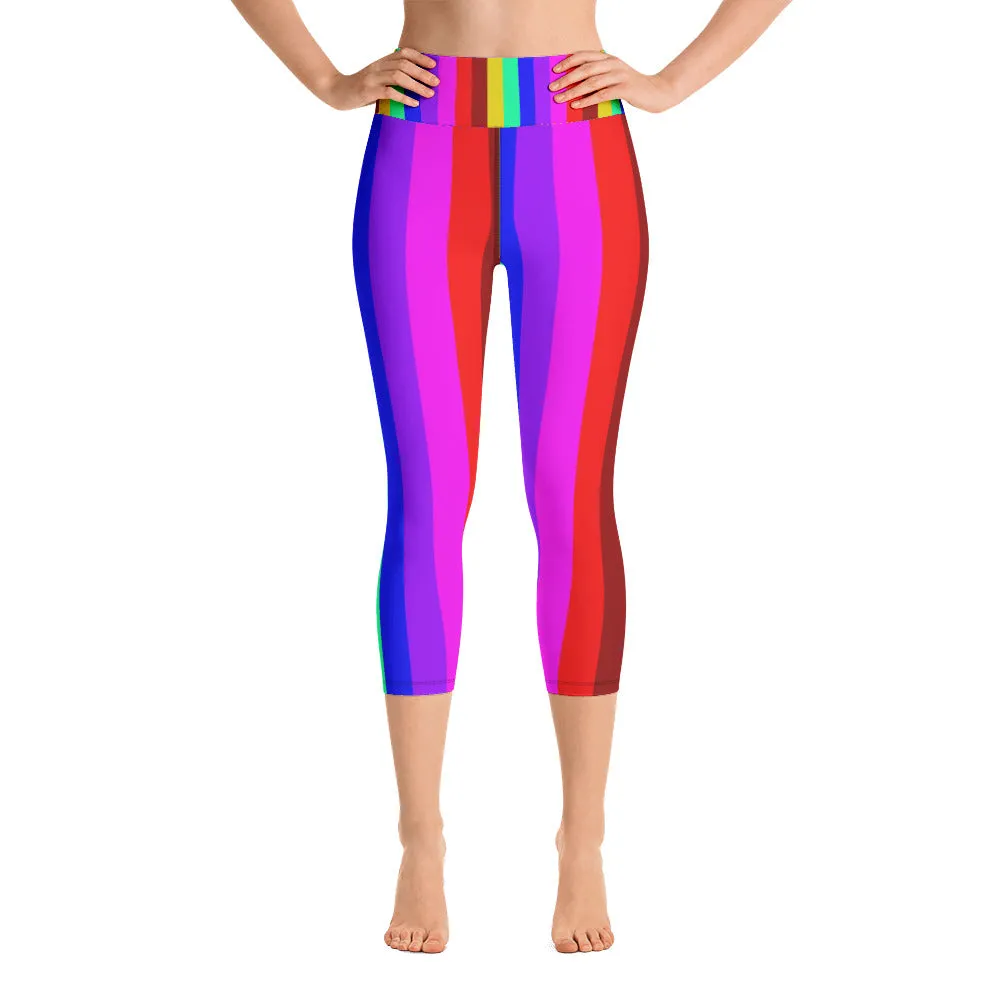 Rainbow Striped Capri Leggings, Gay Pride Women's  Tights w/ Pockets-Made in USA/EU