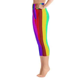 Rainbow Striped Capri Leggings, Gay Pride Women's  Tights w/ Pockets-Made in USA/EU