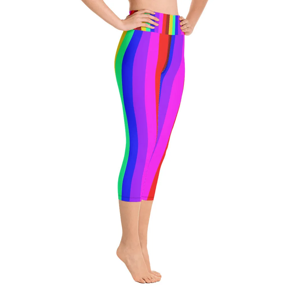 Rainbow Striped Capri Leggings, Gay Pride Women's  Tights w/ Pockets-Made in USA/EU