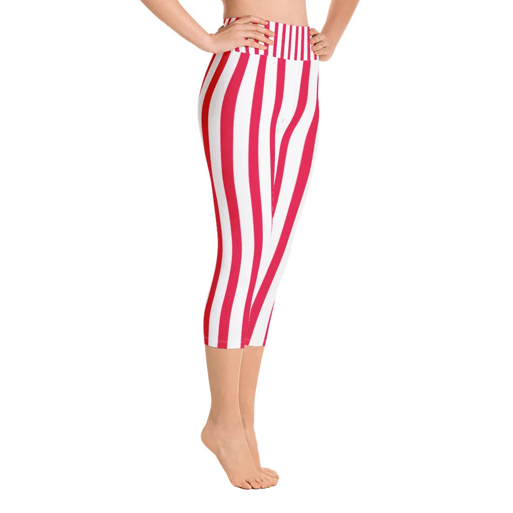 Red Striped Women's Capri Pants, White Vertically Stripe Print Capri Leggings- Made in USA/EU