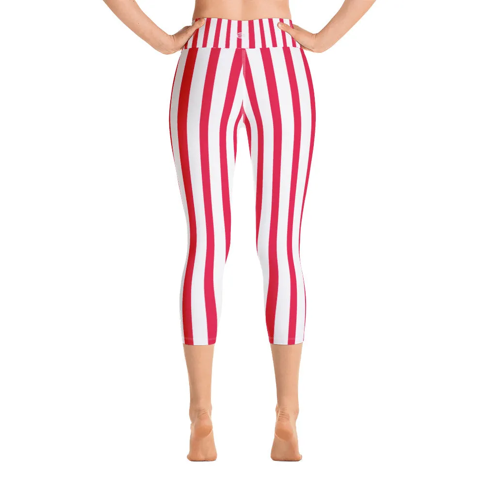 Red Striped Women's Capri Pants, White Vertically Stripe Print Capri Leggings- Made in USA/EU