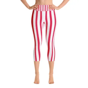 Red Striped Women's Capri Pants, White Vertically Stripe Print Capri Leggings- Made in USA/EU