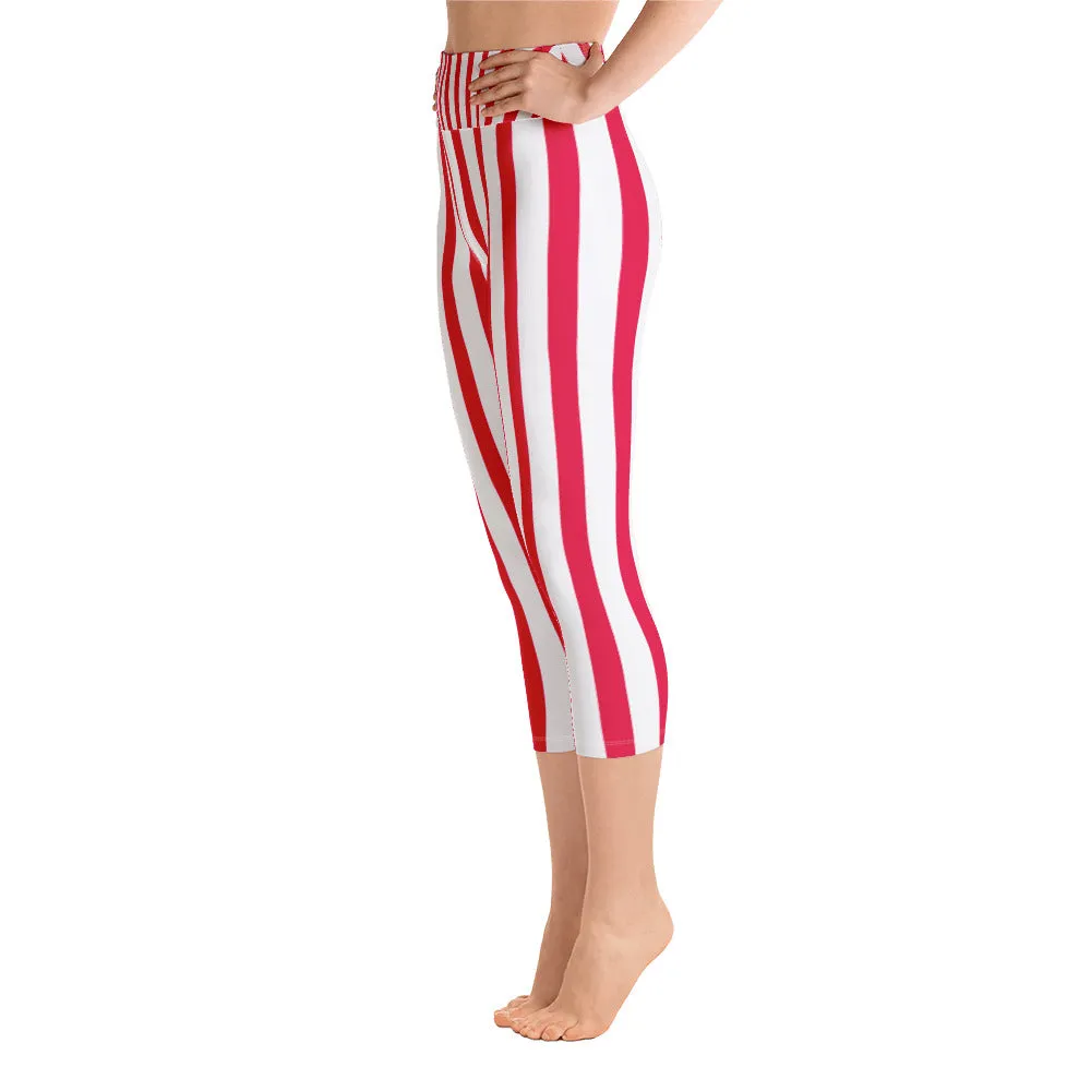 Red Striped Women's Capri Pants, White Vertically Stripe Print Capri Leggings- Made in USA/EU