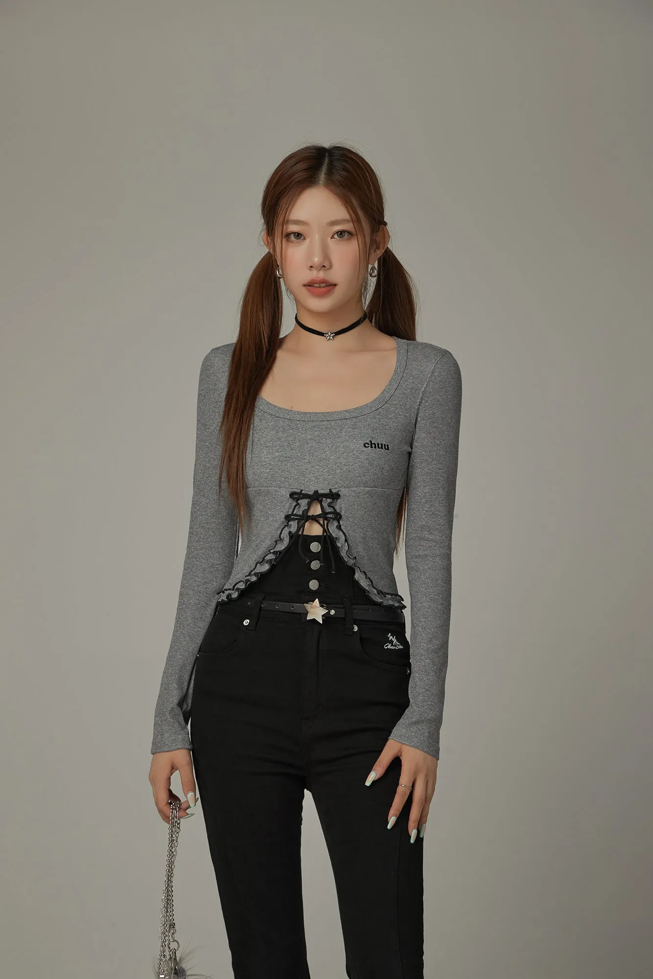 Ruffle Bow Lace Up Logo Slim Cropped T-Shirt