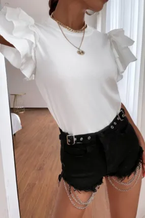 Ruffle Sleeve Mock Neck White Top