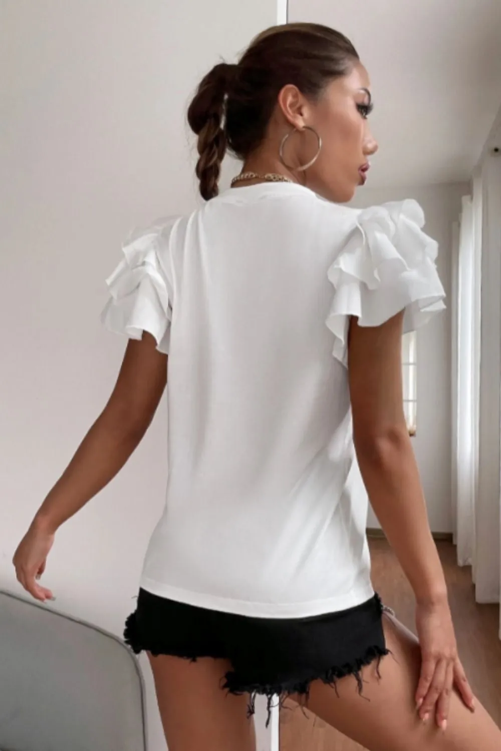 Ruffle Sleeve Mock Neck White Top