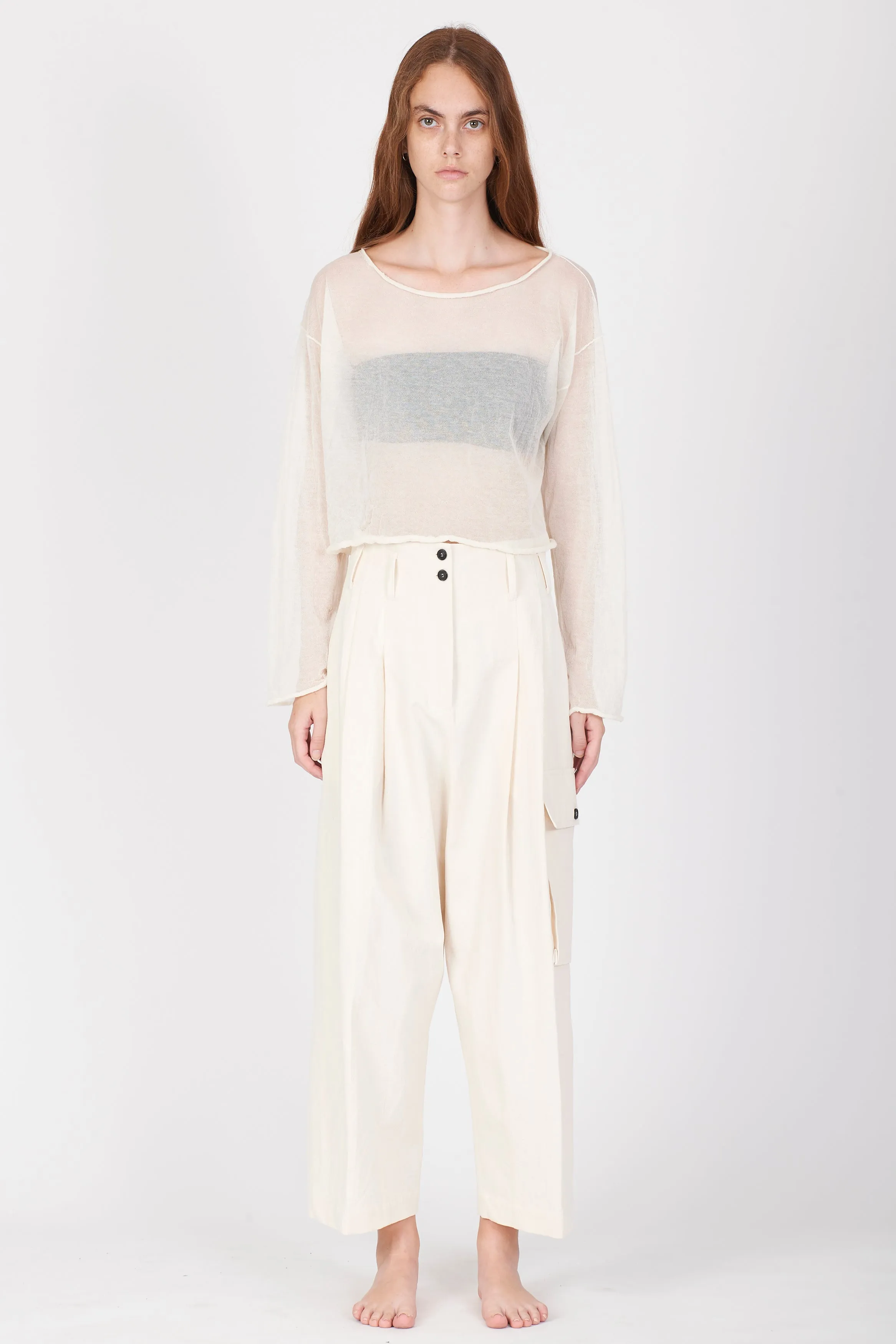 Semi-Sheer Cotton Knit Top - Cream White