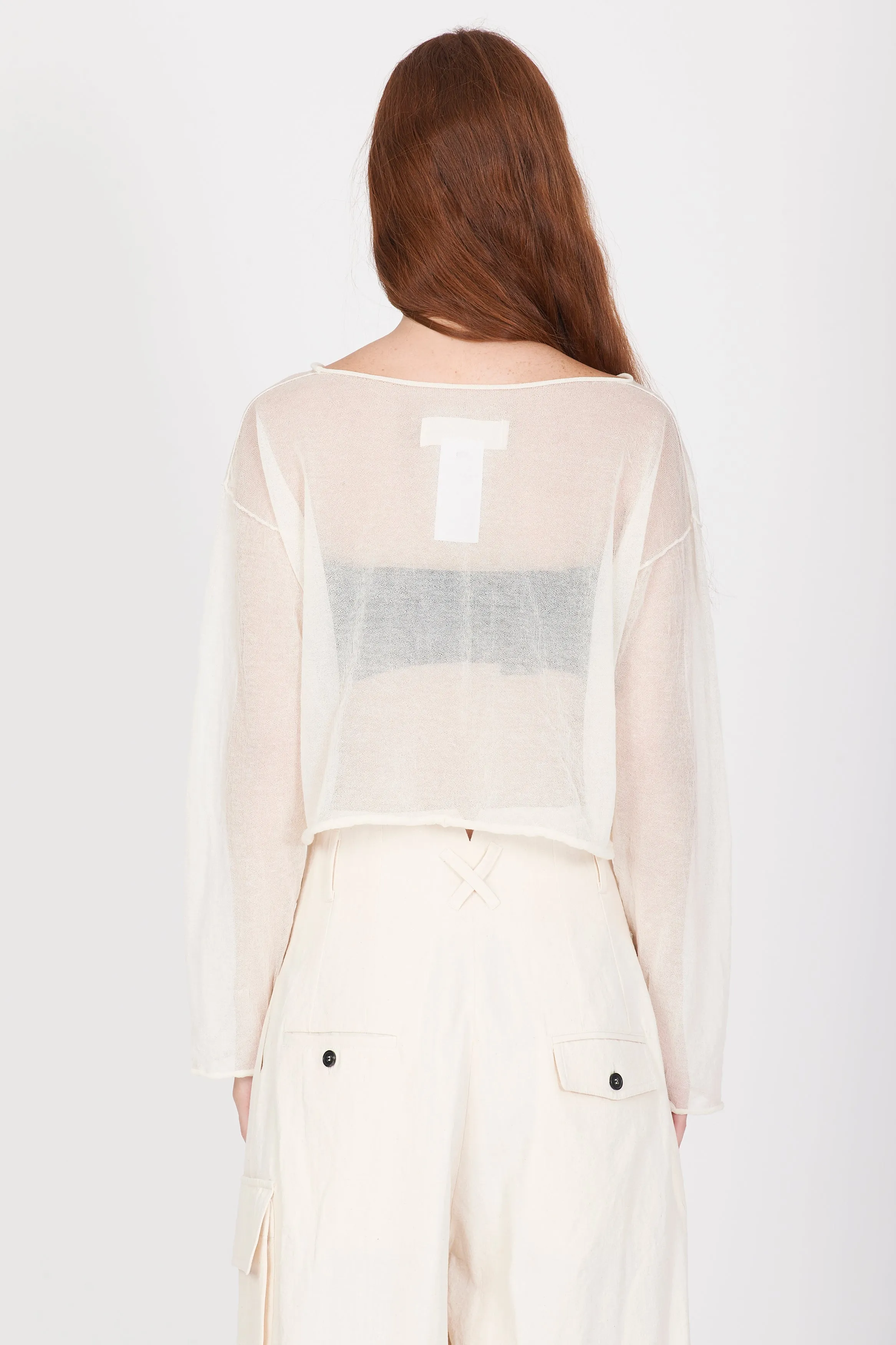 Semi-Sheer Cotton Knit Top - Cream White