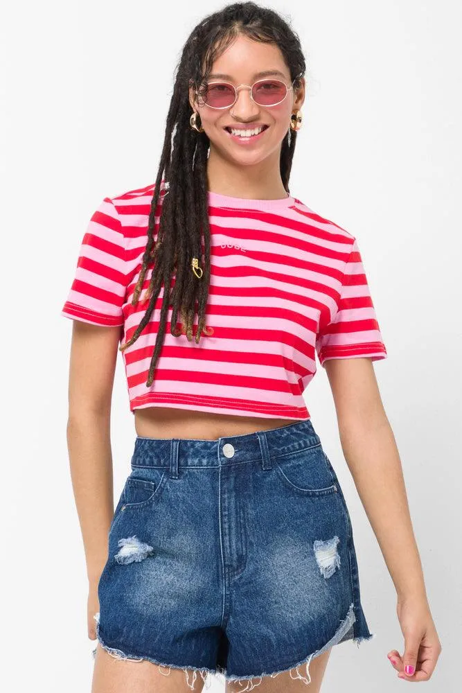 Stripe Cropped Short Sleeve T-Shirt Pink