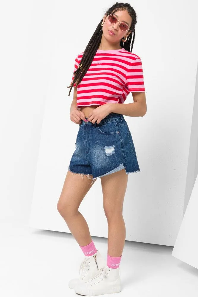 Stripe Cropped Short Sleeve T-Shirt Pink