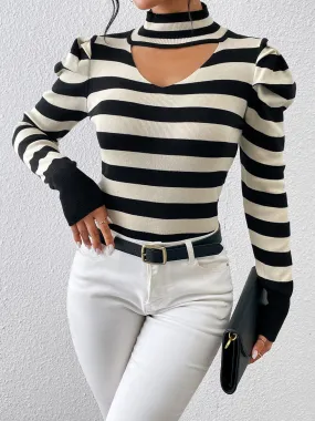 Striped Cut-out Mock Neck Knitted Tops