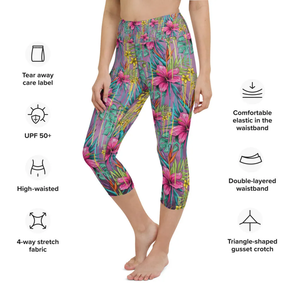 Tropical Yoga Capri Leggings, Floral Tropical Leaves Print Best Designer Women's Yoga Capri Leggings