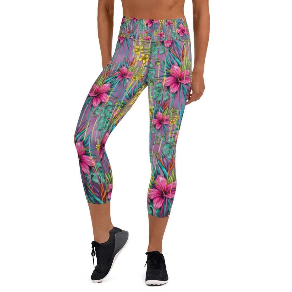 Tropical Yoga Capri Leggings, Floral Tropical Leaves Print Best Designer Women's Yoga Capri Leggings