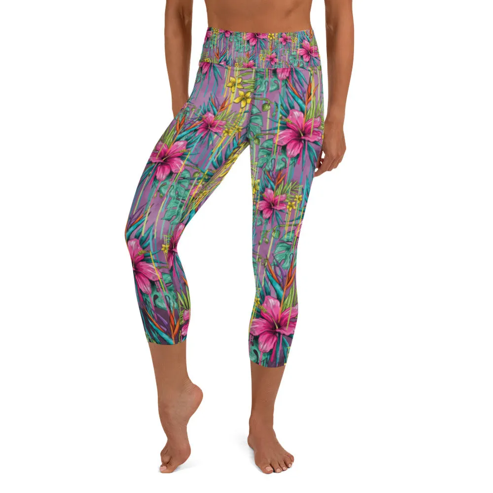 Tropical Yoga Capri Leggings, Floral Tropical Leaves Print Best Designer Women's Yoga Capri Leggings