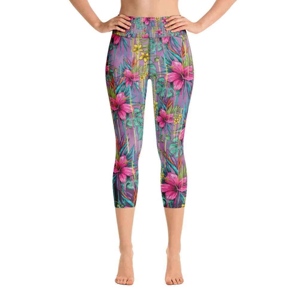 Tropical Yoga Capri Leggings, Floral Tropical Leaves Print Best Designer Women's Yoga Capri Leggings